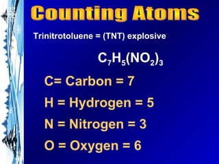 Trinitrotoluene = (TNT) explosive

                C7H5(NO2)3
  C= Carbon = 7
  H = Hydrogen = 5
  N = Nitrogen = 3
  O = Oxygen = 6
 