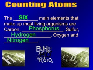 SIX
The _________ main elements that
make up most living organisms are
           Phosphorus
Carbon, ________________, Sulfur,
   Hydrogen
__________________, Oxygen and
 Nitrogen
_____________.
 