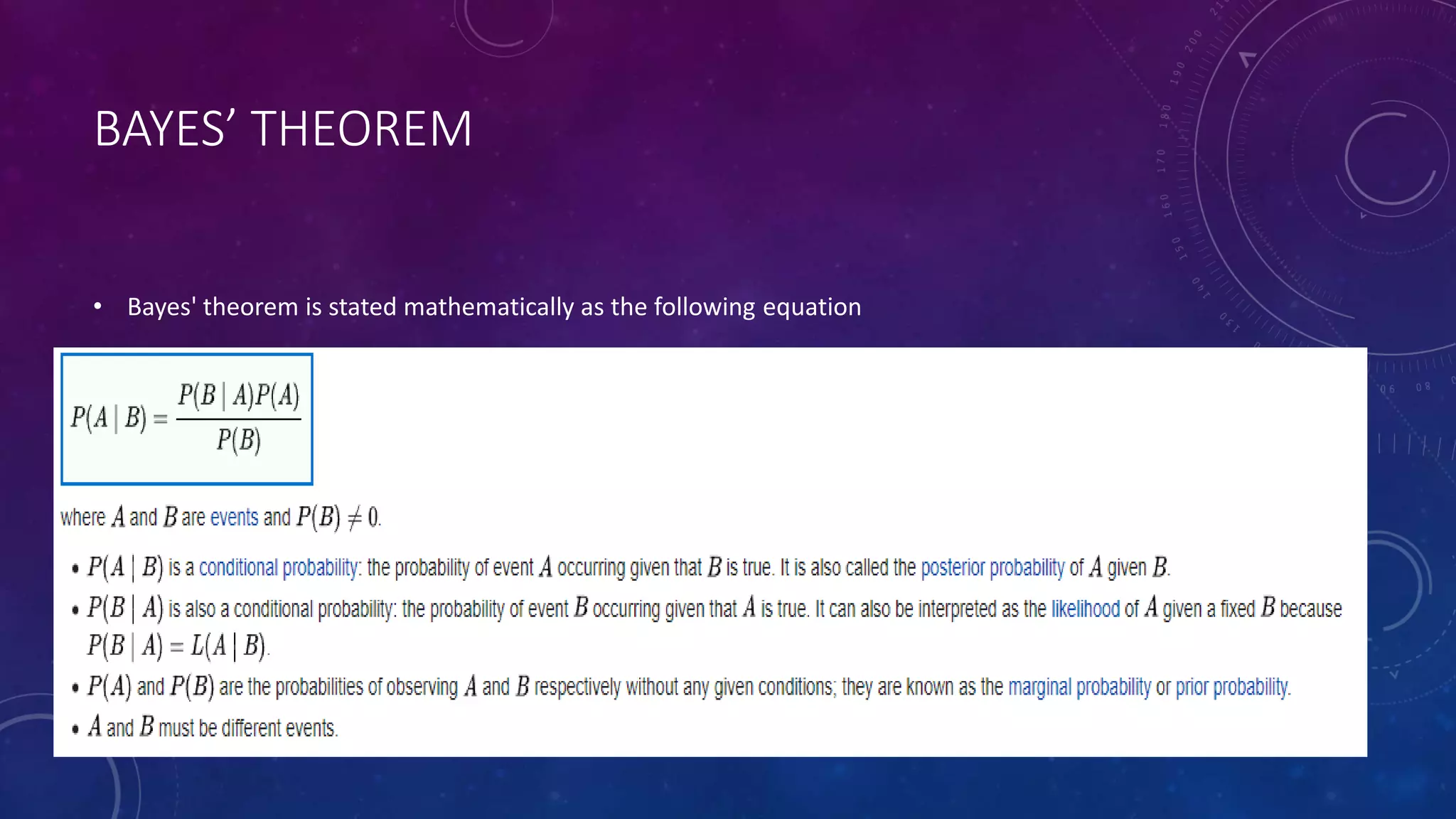 BAYES’ THEOREM
• Bayes' theorem is stated mathematically as the following equation
 