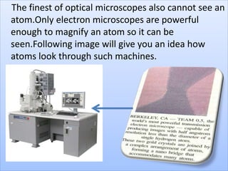 The finest of optical microscopes also cannot see an
atom.Only electron microscopes are powerful
enough to magnify an atom so it can be
seen.Following image will give you an idea how
atoms look through such machines.
 