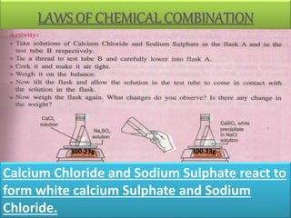 LAWS OF CHEMICAL COMBINATION
Calcium Chloride and Sodium Sulphate react to
form white calcium Sulphate and Sodium
Chloride.
300.23g 300.23g
 