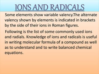 IONS AND RADICALS
Some elements show variable valency.The alternate
valency shown by elements is indicated in brackets
by the side of their ions in Roman figures.
Following is the list of some commonly used ions
and radials. Knowledge of ions and radicals is useful
in writing molecular formula of a compound as well
as to understand and to write balanced chemical
equations.
 