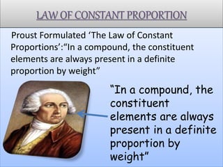 LAW OF CONSTANT PROPORTION
Proust Formulated ‘The Law of Constant
Proportions’:“In a compound, the constituent
elements are always present in a definite
proportion by weight”
“In a compound, the
constituent
elements are always
present in a definite
proportion by
weight”
 