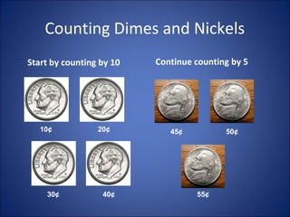 Counting Dimes and Nickels
Start by counting by 10 Continue counting by 5
10¢ 20¢
30¢ 40¢
45¢ 50¢
55¢
 