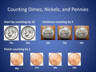 Counting Dimes, Nickels, and Pennies
Start by counting by 10
Finish counting by 1
10¢ 20¢
36¢ 37¢
25¢ 30¢
38¢
Continue counting by 5
35¢
39¢
 