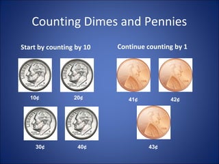 Counting Dimes and Pennies
Start by counting by 10 Continue counting by 1
10¢ 20¢
30¢ 40¢
41¢ 42¢
43¢
 