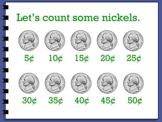 Let’s count some nickels. 5¢ 10¢ 15¢ 20¢ 25¢ 30¢ 35¢ 40¢ 45¢ 50¢ 
