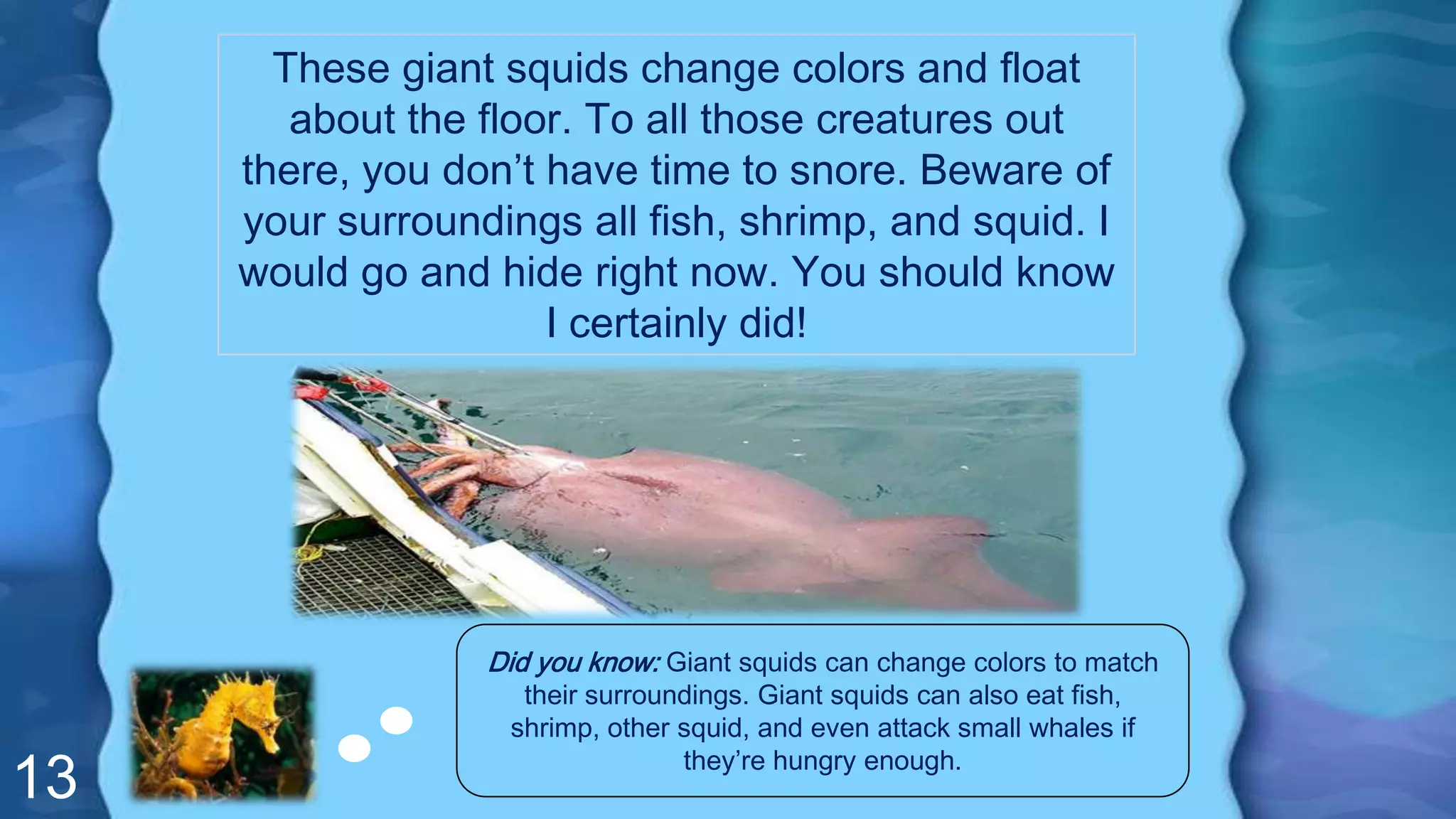 13
These giant squids change colors and float
about the floor. To all those creatures out
there, you don’t have time to snore. Beware of
your surroundings all fish, shrimp, and squid. I
would go and hide right now. You should know
I certainly did!
Did you know: Giant squids can change colors to match
their surroundings. Giant squids can also eat fish,
shrimp, other squid, and even attack small whales if
they’re hungry enough.
 