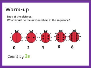 Warm-up
Look at the pictures.
What would be the next numbers in the sequence?
? ?
0 2 4 6 8
Count by 2s
 
