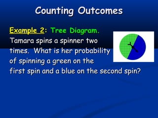 Counting OutcomesCounting Outcomes
Example 2Example 2:: Tree Diagram.Tree Diagram.
Tamara spins a spinner twoTamara spins a spinner two
times. What is her probabilitytimes. What is her probability
of spinning a green on theof spinning a green on the
first spin and a blue on the second spin?first spin and a blue on the second spin?
 
