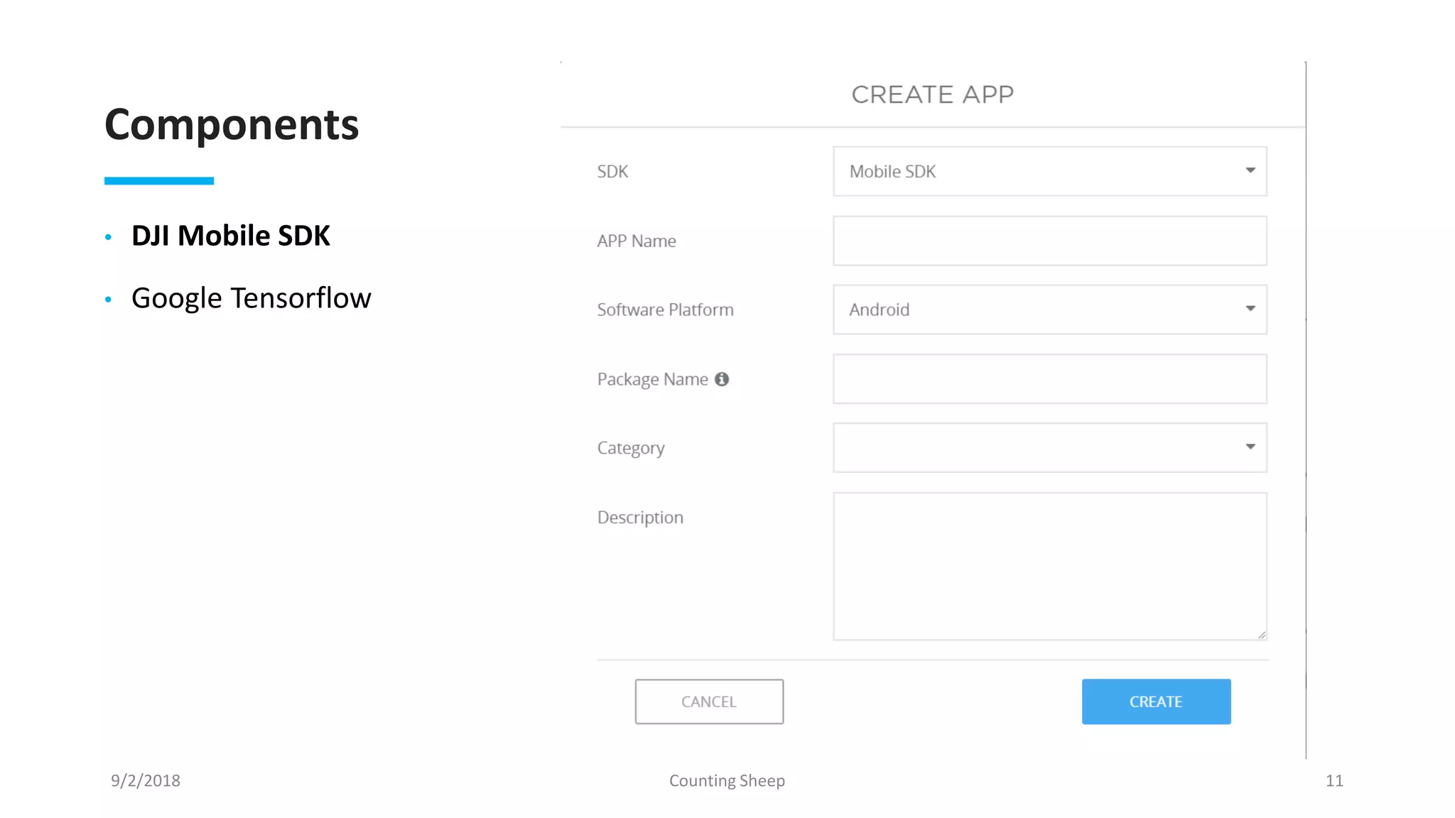 Components
• DJI Mobile SDK
• Google Tensorflow
9/2/2018 Counting Sheep 11
 