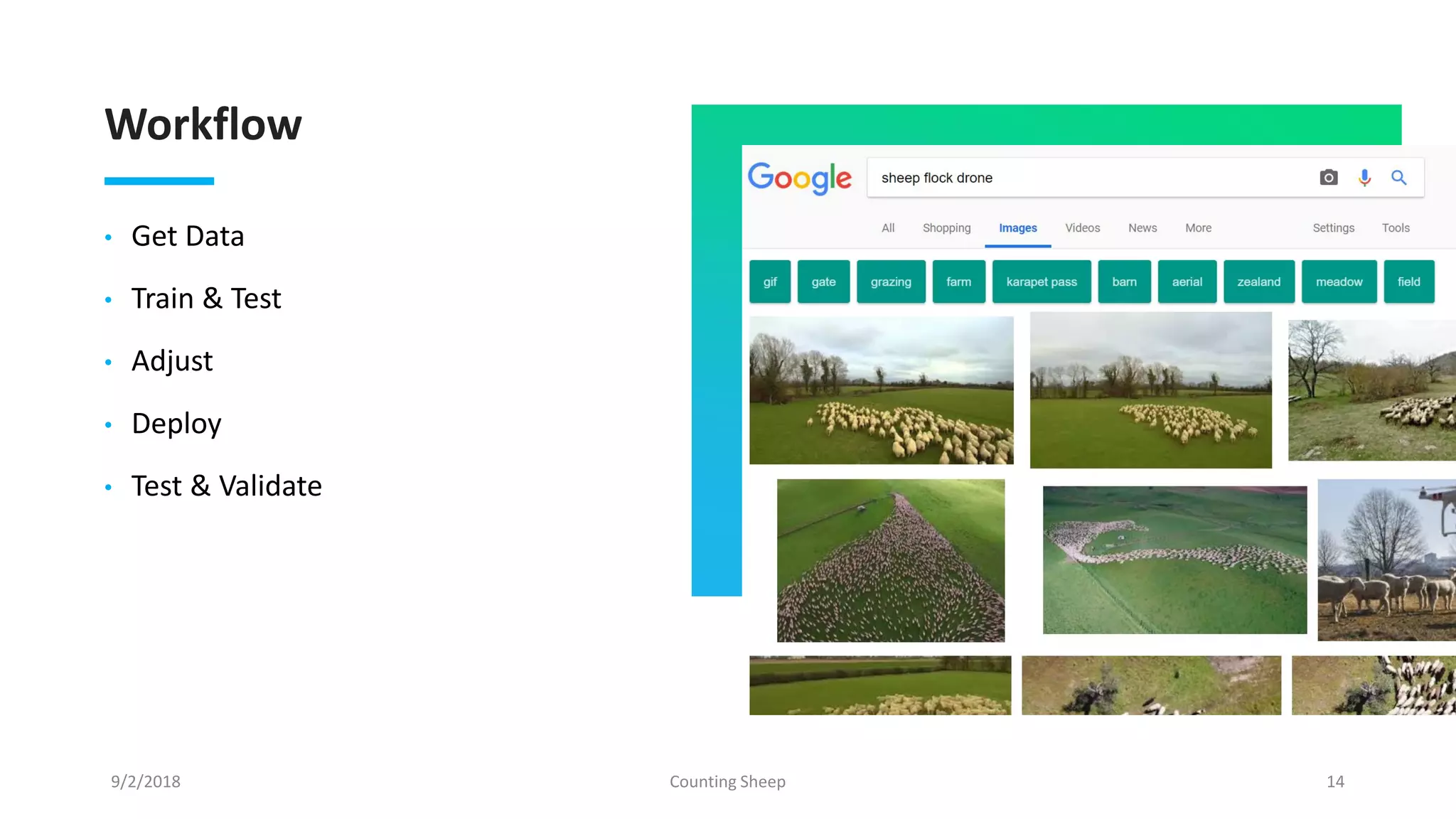 Workflow
• Get Data
• Train & Test
• Adjust
• Deploy
• Test & Validate
9/2/2018 Counting Sheep 14
 