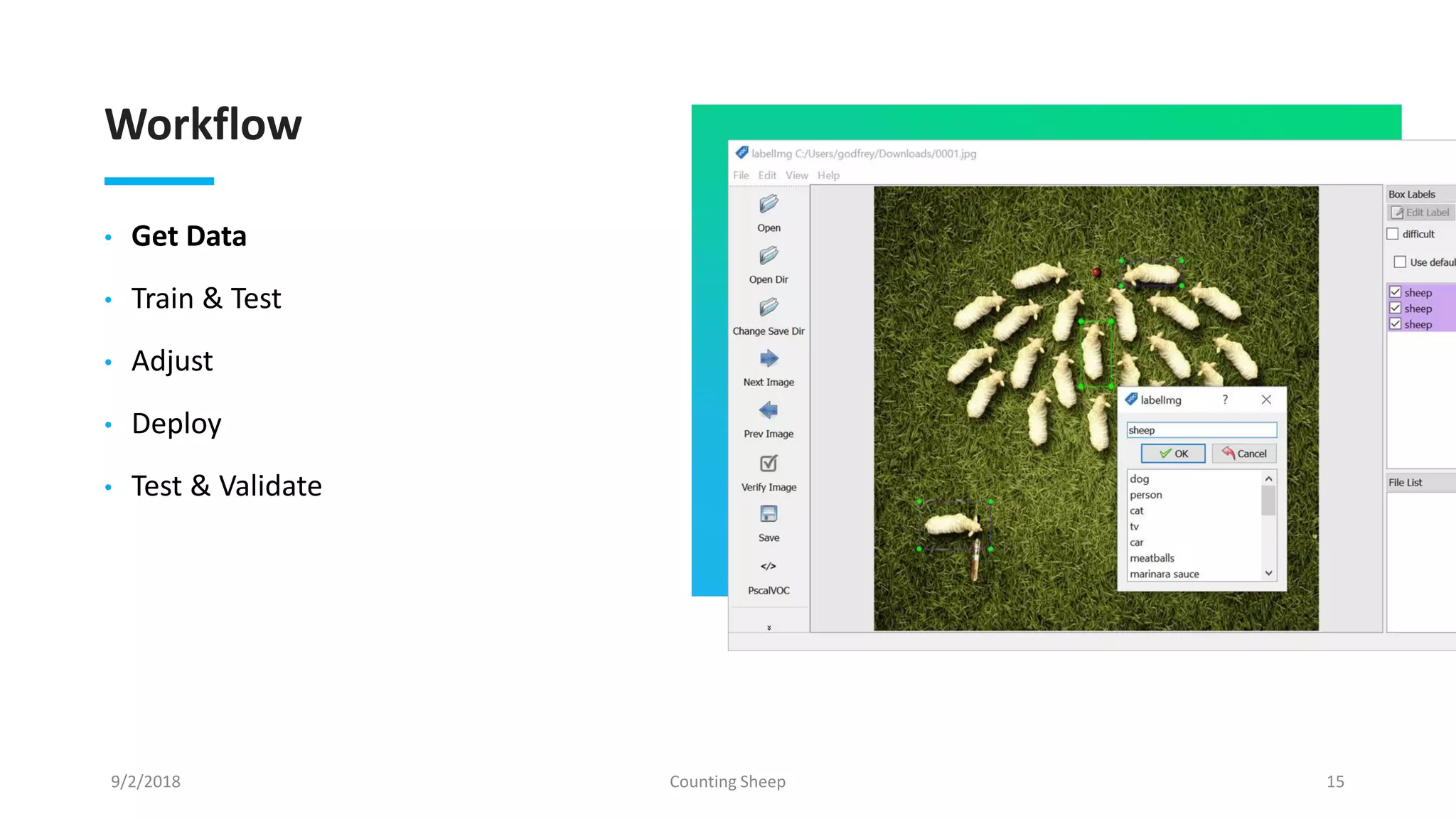 Workflow
• Get Data
• Train & Test
• Adjust
• Deploy
• Test & Validate
9/2/2018 Counting Sheep 15
 