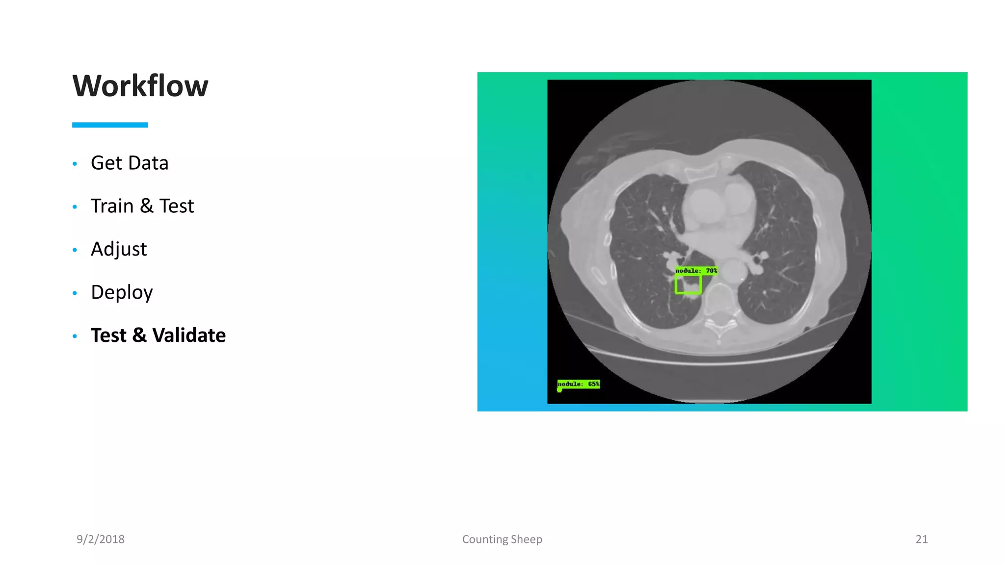 Workflow
• Get Data
• Train & Test
• Adjust
• Deploy
• Test & Validate
9/2/2018 Counting Sheep 21
 
