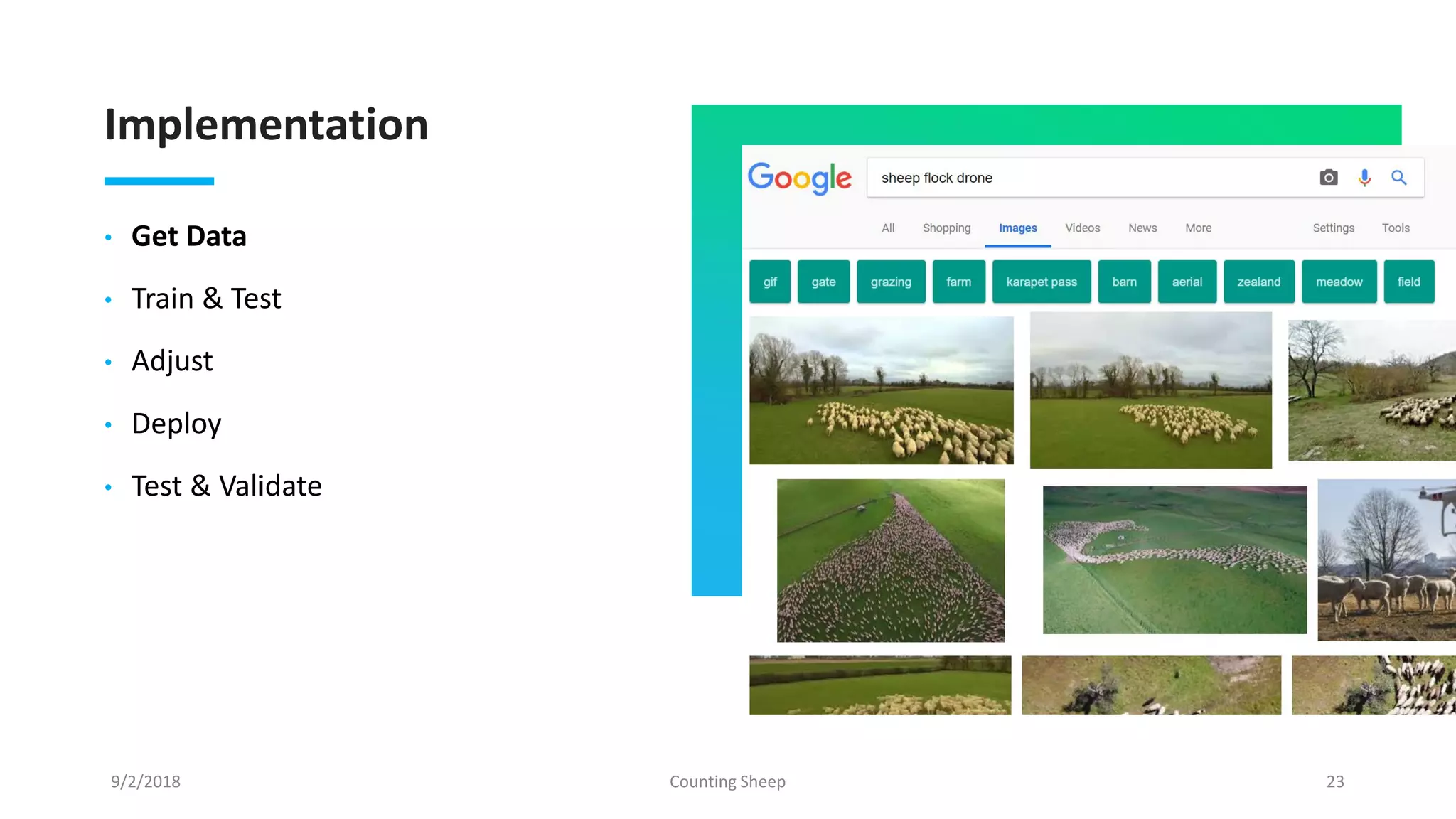 Implementation
• Get Data
• Train & Test
• Adjust
• Deploy
• Test & Validate
9/2/2018 Counting Sheep 23
 