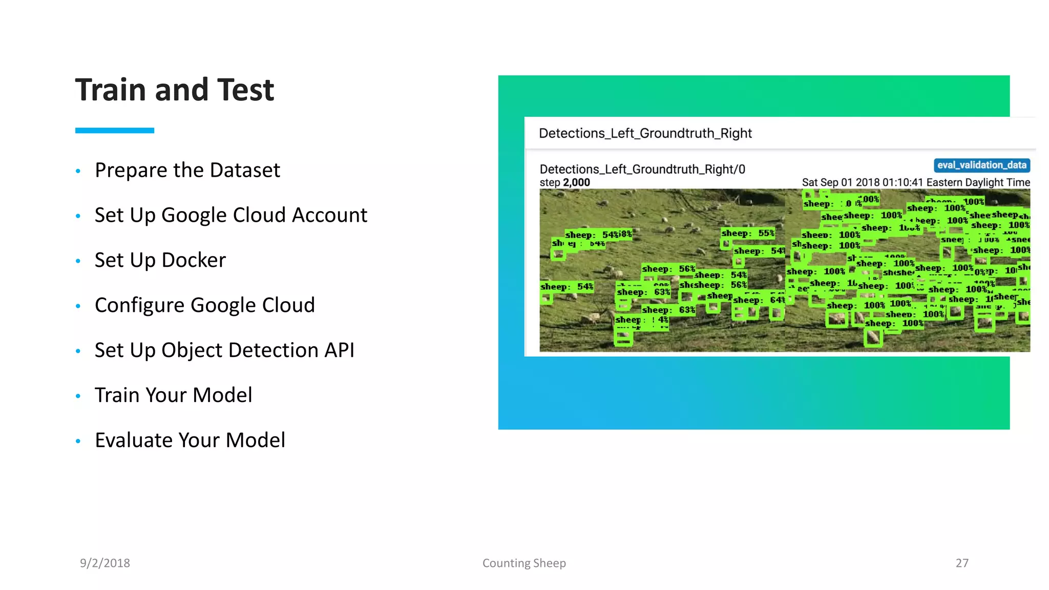 Train and Test
• Prepare the Dataset
• Set Up Google Cloud Account
• Set Up Docker
• Configure Google Cloud
• Set Up Object Detection API
• Train Your Model
• Evaluate Your Model
9/2/2018 Counting Sheep 27
 