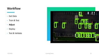 Workflow
• Get Data
• Train & Test
• Adjust
• Deploy
• Test & Validate
9/2/2018 Counting Sheep 19
 