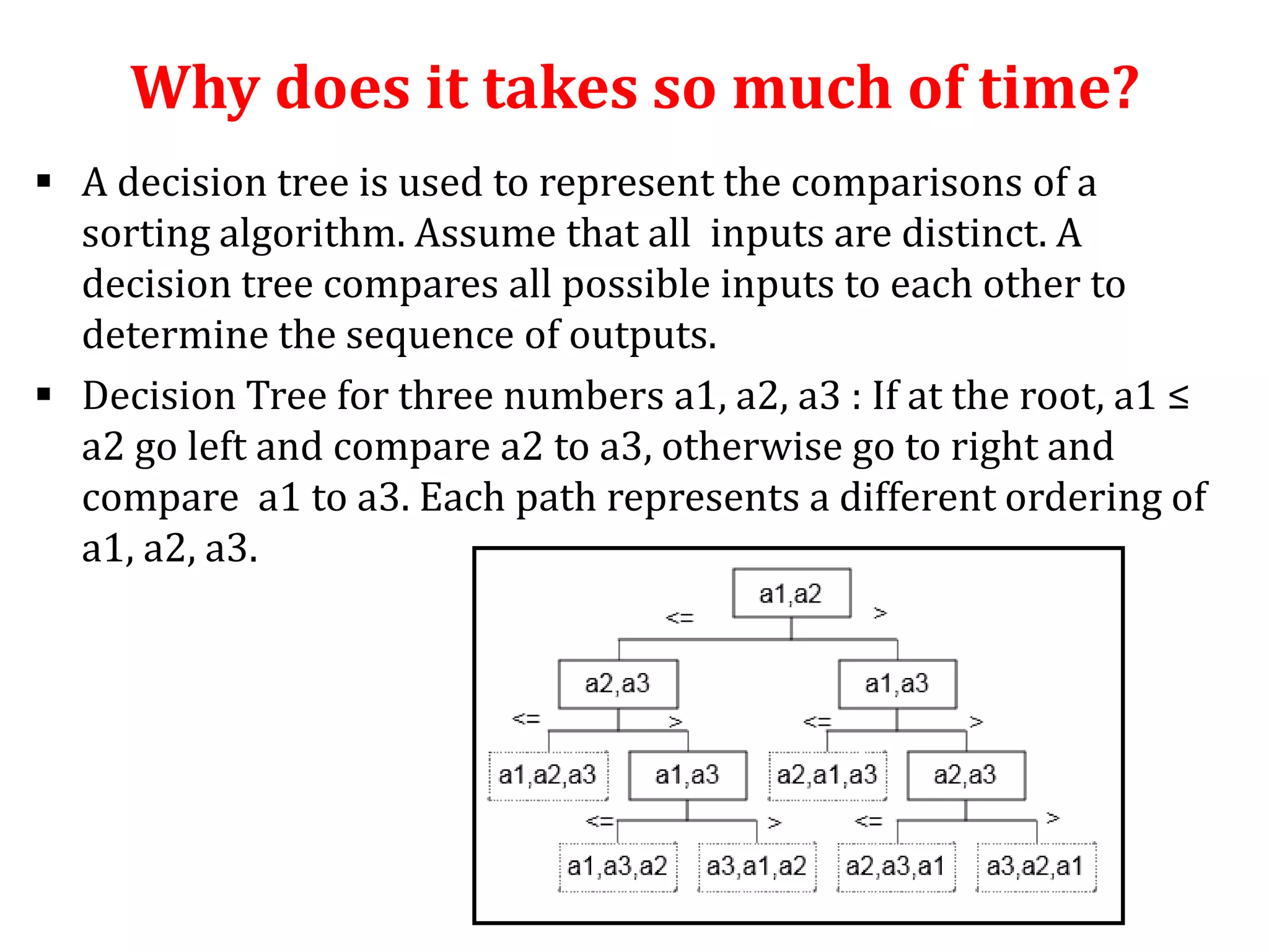 Why does it takes so much of time?
 A decision tree is used to represent the comparisons of a
sorting algorithm. Assume that all inputs are distinct. A
decision tree compares all possible inputs to each other to
determine the sequence of outputs.
 Decision Tree for three numbers a1, a2, a3 : If at the root, a1 ≤
a2 gο left and compare a2 to a3, otherwise go to right and
compare a1 to a3. Each path represents a different ordering of
a1, a2, a3.

 
