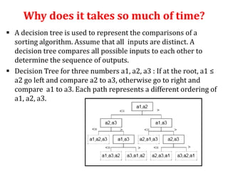 Why does it takes so much of time?
 A decision tree is used to represent the comparisons of a
sorting algorithm. Assume that all inputs are distinct. A
decision tree compares all possible inputs to each other to
determine the sequence of outputs.
 Decision Tree for three numbers a1, a2, a3 : If at the root, a1 ≤
a2 gο left and compare a2 to a3, otherwise go to right and
compare a1 to a3. Each path represents a different ordering of
a1, a2, a3.

 