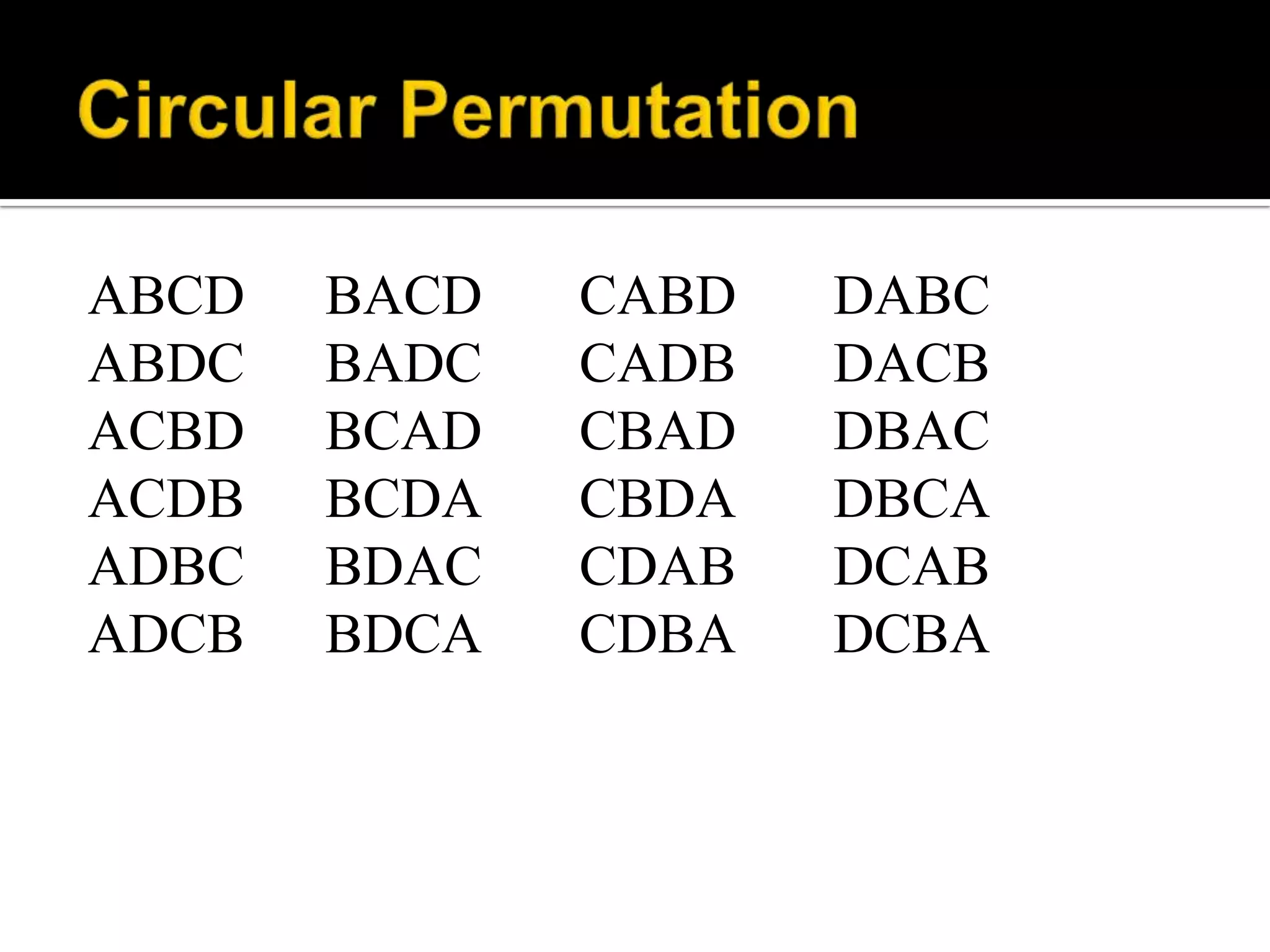 ABCD BACD CABD DABC
ABDC BADC CADB DACB
ACBD BCAD CBAD DBAC
ACDB BCDA CBDA DBCA
ADBC BDAC CDAB DCAB
ADCB BDCA CDBA DCBA
 