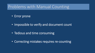 • Error prone
• Impossible to verify and document count
• Tedious and time consuming
• Correcting mistakes requires re-counting
Problems with Manual Counting
3
 