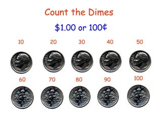 Count the Dimes 10 20 30 40 50 100 90 80 70 60 $1.00 or 100¢ 