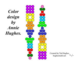 1 2 3 4 5 6 7 8 9
Annie’s Key: Digit to Color
Color
design
by
Annie
Hughes.
Created by Ted Hughes
hughesmath.net
 