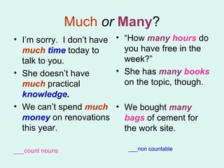 Much   or   Many ? I’m sorry.  I don’t have  much  time  today to talk to you.  She doesn’t have  much   practical  knowledge . We can’t spend  much  money  on renovations this year.  ___count nouns “ How  many  hours  do you have free in the week?” She has  many  books  on the topic, though.  We bought  many  bags  of cement for the work site.  ___non countable 