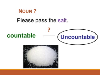 Please pass the salt.
countable Uncountable
7-1 Let’s Practice
?
?NOUN
 