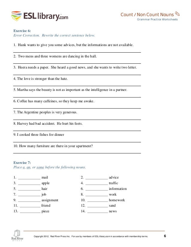 Printables Esl Library Grammar Practice Worksheets count non nouns editable 5 grammar practice worksheets
