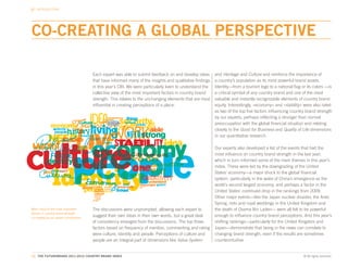 INTRODUCTION




CO-CREATING A GLOBAL PERSPECTIVE

                                         Each expert was able to submit feedback on and develop ideas       and Heritage and Culture and reinforce the importance of
                                         that have informed many of the insights and qualitative findings   a country’s population as its most powerful brand assets.
                                         in this year’s CBI. We were particularly keen to understand the    Identity—from a tourism logo to a national flag or its colors —is
                                         collective view of the most important factors in country brand     a critical symbol of any country brand and one of the most
                                         strength. This relates to the unchanging elements that are most    valuable and instantly recognizable elements of country brand
                                         influential in creating perceptions of a place.                    equity. Interestingly, «economy» and «stability» were also rated
                                                                                                            as two of the top five factors influencing country brand strength
                                                                                                            by our experts, perhaps reflecting a stronger than normal
                                                                                                            preoccupation with the global financial situation and relating
                                                                                                            closely to the Good for Business and Quality of Life dimensions
                                                                                                            in our quantitative research.

                                                                                                            Our experts also developed a list of the events that had the
                                                                                                            most influence on country brand strength in the last year,
                                                                                                            which in turn informed some of the main themes in this year’s
                                                                                                            index. These were led by the downgrading of the United
                                                                                                            States’ economy—a major shock to the global financial
                                                                                                            system, particularly in the wake of China’s emergence as the
                                                                                                            world’s second largest economy, and perhaps a factor in the
                                                                                                            United States’ continued drop in the rankings from 2009.
                                                                                                            Other major events—like the Japan nuclear disaster, the Arab
                                                                                                            Spring, riots and royal weddings in the United Kingdom and
Word cloud of the most important         The discussions were unprompted, allowing each expert to           the death of Osama Bin Laden— were all felt to be powerful
factors in country brand strength
co-created by our expert contributors.
                                         suggest their own ideas in their own words, but a great deal       enough to influence country brand perceptions. And this year’s
                                         of consistency emerged from the discussions. The top three         shifting rankings—particularly for the United Kingdom and
                                         factors based on frequency of mention, commenting and rating       Japan—demonstrate that being in the news can correlate to
                                         were culture, identity and people. Perceptions of culture and      changing brand strength, even if the results are sometimes
                                         people are an integral part of dimensions like Value System        counterintuitive.


12. THE FUTUREBRAND 2011-2012 COUNTRY BRAND INDEX                                                                                                            © All rights reserved.
 