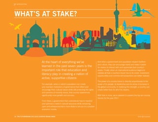 INTRODUCTION




WHAT’S AT STAKE?




                                At the heart of everything we’ve                                     And when a government and population respect tradition
                                                                                                     and culture, they can encourage travel and make it easier
                                learned in the past seven years is the                               for visitors to interact with and appreciate that country’s
                                important role that education and                                    assets. Finally, when an international audience begins to
                                                                                                     validate all that a country’s brand has to its credit, investment
                                literacy play in creating a nation of                                opportunities and commercial transactions are better realized.
                                active, supportive citizens
                                                                                                     The power of a country brand is directly proportionate to the
                                 For example, when a nation’s population can create                  power of its people, its leadership and its sense of purpose in
                                 and maintain institutions of governance that reflect and            the global community. In realizing this strength, a country can
                                 encourage their cultural values while still protecting the rights   create better lives for all of its citizens.
                                 and opinions of minority voices, that country experiences
                                 significantly more growth and success.                              With that in mind, we’re pleased to present the top ten country
                                                                                                     brands for the year 2011.
                                 From there, a government that understands how to marshal
                                 and optimize a nation’s natural resources while remaining
                                 open and entrepreneurial is more likely to set-out on a positive
                                 economic course.


13. THE FUTUREBRAND 2011-2012 COUNTRY BRAND INDEX                                                                                                      © All rights reserved.
 