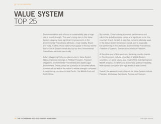 THE CBI DIMENSIONS




VALUE SYSTEM
TOP 25
                                 Environmentalism and a focus on sustainability play a huge         By contrast, China’s strong economic performance and
                                 role in brand strength. This year’s rising stars in the Value      role in the global economy comes at a significant price: the
                                 System category share significant improvements in the              country’s brand, ranked at sixty-five, remains relatively weak
                                 Environmental Friendliness attribute—most notably, Brazil          in the Value System dimension overall, and is especially
                                 and India. Further, those nations that appear in the top twenty-   low-performing in the attributes Environmental Friendliness,
                                 five for Value System overall also top-out the Environmental       Freedom of Speech, Tolerance and Political Freedom.
                                 Friendliness attribute specifically.
                                                                                                    At the other end of the spectrum, declining country brands
                                 India’s staggering thirty-one-place jump in Value System           in this dimension include a number of Middle Eastern
                                 follows improved rankings in Political Freedom, Freedom            countries—in some cases, as a result of the Arab Spring (see
                                 of Speech, Environmental Friendliness and Stable Legal             MENA analysis); in others due to civil war, political instability,
                                 Environment. These jumps are a product of concerted efforts        wide-spread corruption and high levels of state control.
                                 domestically as well as the nation’s relative strength compared
                                 to neighboring countries in Asia Pacific, the Middle East and      Overall, the weakest country brands for Value System include
                                 North Africa.                                                      Pakistan, Zimbabwe, Cambodia, Tunisia and Vietnam.




34. THE FUTUREBRAND 2011-2012 COUNTRY BRAND INDEX                                                                                                      © All rights reserved.
 