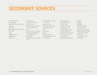 SECONDARY SOURCES

AccuWeather.com                  Environmental                Japan Ministry of Justice   The Guardian, UK            Reports
Adbusters.org                      Performance Index            and JNTO                  The Huffington Post         UNESCO
Agencia Nacional de Policía      Financial Times              lanacion.com.ar             The Irish Times             Visit Britain
Japonesa                         Freedom House: Freedom       Le Monde diplomatique       The New York Times          World Bank Doing
BBC News                           in the World Report        Los Angeles Times           The Telegraph, UK             Business Index
Bloombergbusinessweek.com        hoy.es                       NPR                         The Wall Street Journal     World Economic Forum
CBS News                         Index of Economic Freedom    Petro China                 The Washington Post         World Governance Index:
CNN                              International Organization   Reuters                     UN agency for information     Governance Matters 
CNNMoney.com                       for Standarization         Standard & Poor’s            and communication          World Travel
CNNtech.com                      International                The CIA World Factbook       technologies                 & Tourism Council
Daily Mail                         Telecommunication Union    The Economist               UN Human Development        Yahoo News
                                   (ITU)




84. THE FUTUREBRAND 2011-2012 COUNTRY BRAND INDEX                                                                                  © All rights reserved.
 