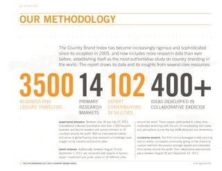 INTRODUCTION




OUR METHODOLOGY

                                 The Country Brand Index has become increasingly rigorous and sophisticated
                                 since its inception in 2005, and now includes more research data than ever
                                 before, establishing itself as the most authoritative study on country branding in
                                 the world. The report draws its data and its insights from several core resources:




350014102 400+
BUSINESS AND
LEISURE TRAVELERS
                                                   PRIMARY
                                                   RESEARCH
                                                                          EXPERT
                                                                          CONTRIBUTORS
                                                                                                            IDEAS DEVELOPED IN
                                                                                                            COLLABORATIVE EXERCISE
                                                   MARKETS                IN 16 CITIES
                                 QUANTITATIVE RESEARCH. Between July 18 and July 27, 2011,      around the world. These experts participated in «deep dive»
                                 FutureBrand collected quantitative data from 3,500 frequent    moderated workshops with the aim of consolidating their views
                                 business and leisure travelers and opinion-formers in 14       and perceptions across the key HDM attributes and dimensions.
                                 countries around the world. With an international outlook
                                 and sense of global fluency, they represent a knowledge bank   CO-CREATIVE INSIGHTS.Our third source leveraged crowd-sourcing
                                 sought-out by investors and tourists alike.                    and an online, co-creative community, giving us the chance to
                                                                                                capture real-time discussions amongst experts and interested
                                 EXPERT OPINIONS. Additionally, between August 19 and           third-parties around the world. This collaborative exercise took
                                 September 7, 2011, we connected with experts in tourism,       place between August 30 and September 16, 2011.
                                 export, investment and public policy in 16 different cities

9. THE FUTUREBRAND 2011-2012 COUNTRY BRAND INDEX                                                                                                © All rights reserved.
 