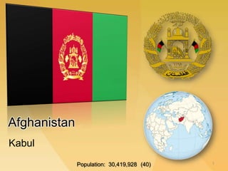 Afghanistan
Kabul
                                            1
              Population: 30,419,928 (40)
 