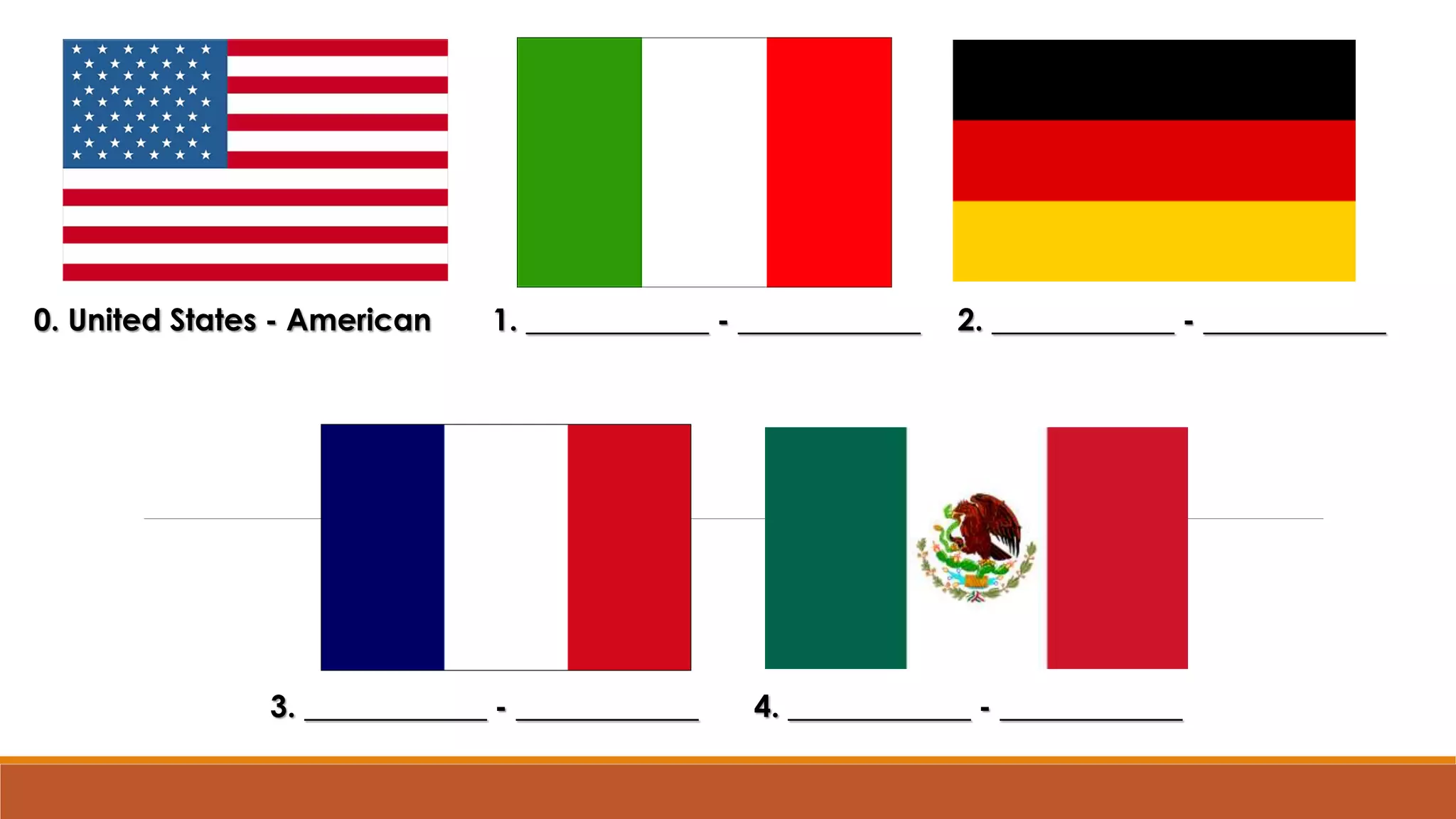 0. United States - American 1. ____________ - ____________ 2. ____________ - ____________
3. ____________ - ____________ 4. ____________ - ____________