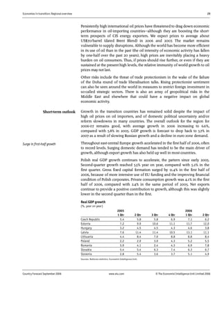 Economies in transition: Regional overview 29
Country Forecast September 2006 www.eiu.com © The Economist IntelligenceUnit Limited 2006
Persistently high international oil prices have threatened to drag down economic
performance in oil-importing countries—although they are boosting the short-
term prospects of CIS energy exporters. We expect prices to average about
US$70/barrel (dated Brent Blend) in 2006 and 2007. The market remains
vulnerable to supply disruptions. Although the world has become more efficient
in its use of oil than in the past (the oil intensity of economic activity has fallen
by one-half over the past 20 years), high prices are inevitably placing a heavy
burden on oil consumers. Thus, if prices should rise further, or even if they are
sustained at the present high levels, the relative immunity of world growth to oil
prices may not last.
Other risks include the threat of trade protectionism in the wake of the failure
of the Doha round of trade liberalisation talks. Rising protectionist sentiment
can also be seen around the world in measures to restrict foreign investment in
so-called strategic sectors. There is also an array of geopolitical risks in the
Middle East and elsewhere that could have a negative impact on global
economic activity.
Growth in the transition countries has remained solid despite the impact of
high oil prices on oil importers, and of domestic political uncertainty and/or
reform slowdowns in many countries. The overall outlook for the region for
2006-07 remains good, with average growth in 2006 increasing to 6.6%,
compared with 5.8% in 2005. GDP growth is forecast to drop back to 5.7% in
2007 as a result of slowing Russian growth and a decline in euro zone demand.
Throughout east-central Europe growth accelerated in the first half of 2006, often
to record levels. Surging domestic demand has tended to be the main driver of
growth, although export growth has also held up well in most countries.
Polish real GDP growth continues to accelerate, the pattern since early 2005.
Second-quarter growth reached 5.5% year on year, compared with 5.2% in the
first quarter. Gross fixed capital formation surged by 11.4% in the first half of
2006, because of more intensive use of EU funding and the improving financial
condition of Polish corporates. Private consumption growth was 4.1% in the first
half of 2006, compared with 2.4% in the same period of 2005. Net exports
continue to provide a positive contribution to growth, although this was slightly
lower in the second quarter than in the first.
Real GDP growth
(%, year on year)
2005 2006
1 Qtr 2 Qtr 3 Qtr 4 Qtr 1 Qtr 2 Qtr
Czech Republic 5.4 5.8 5.8 6.9 7.1 6.2
Estonia 7.2 9.9 10.6 11.1 11.7 12.0
Hungary 3.2 4.5 4.5 4.3 4.6 3.8
Latvia 7.6 11.4 11.4 10.5 13.1 11.1
Lithuania 4.4 8.4 7.9 8.8 8.8 8.4
Poland 2.2 2.9 3.9 4.3 5.2 5.5
Romania 5.9 4.1 2.4 4.3 6.9 7.8
Slovakia 5.4 5.4 6.3 7.4 6.3 6.7
Slovenia 2.8 5.4 3.6 3.7 5.1 4.9
Sources: National statistics; Economist Intelligence Unit.
Surge in first-half growth
Short-term outlook
 