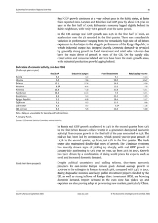 Economies in transition: Regional overview 31
Country Forecast September 2006 www.eiu.com © The Economist IntelligenceUnit Limited 2006
Real GDP growth continues at a very robust pace in the Baltic states, at faster
than expected rates. Latvian and Estonian real GDP grew by about 12% year on
year in the first half of 2006; Lithuania's economy lagged slightly behind its
Baltic neighbours, with "only" 8.6% growth over the same period.
In the CIS average real GDP growth was 6.5% in the first half of 2006, an
acceleration over the 5% recorded in the first quarter. There was considerable
variation in performance—ranging from the remarkably high rate of oil-driven
expansion in Azerbaijan to the sluggish performance of the Kyrgyz Republic, in
which industrial output has dropped sharply. Domestic demand—as revealed
by generally strong growth in fixed investment and retail sales volumes—has
been the main driver of growth in most of the CIS. On the supply side,
construction and consumer-related services have been the main growth areas,
with industrial production growth lagging behind.
Indicators of economic activity, Jan-Jun 2006
(% change, year on year)
Real GDP Industrial output Fixed investment Retail sales volume
Russia 6.5 4.4 9.4 11.3
Ukraine 5.0 3.6 12.2 24.7
Belarus 10.1 12.6 36.9 16.6
Moldova 6.2a -6.4 13.0 7.0
Armenia 11.9 -1.0 31.8 12.1
Azerbaijan 36.3 41.1 7.9 12.1
Kazakhstan 9.3 5.1 25.2 13.5
Kyrgyz Republic 3.1 -6.8 18.4 15.7
Tajikistan 7.1 6.3 31.0 8.8
Uzbekistan 6.6 9.7 4.5a 11.6
CIS average 6.5 5.5 12.0 13.0
Note. Data are unavailable for Georgia and Turkmenistan.
a January-March.
Sources: CIS Interstate Statistical Committee; national statistics.
In Russia real GDP growth accelerated to 7.4% in the second quarter from 5.5%
in the first (when Russia's coldest winter in a generation dampened economic
activity). Year-on-year growth in the first half of the year amounted to 6.5%. The
pick-up has been led by construction, which posted year-on-year growth of
12.3% in the second quarter, up from just 1.6% in the first quarter. The trade
sector also maintained double-digit rates of growth. The Ukrainian economy
has recently shown signs of picking up sharply, with real GDP growth in
January-July accelerating to 5.5% year on year, up from 2.6% in 2005. Growth
has been driven by a combination of rising world prices for exports, such as
steel, and increased domestic demand.
Despite political uncertainty and stalling reforms, short-term economic
prospects for east-central Europe remain good. Annual average growth in
2006-07 in the subregion is forecast to reach 4.8%, compared with 4.3% in 2005.
Rising disposable incomes and large public investment projects funded by the
EU, as well as strong inflows of foreign direct investment (FDI), are boosting
domestic demand. Import demand in the euro zone has picked up and
exporters are also proving adept at penetrating new markets, particularly China.
Good short-term prospects
 