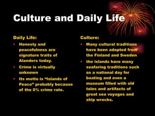 Culture and Daily Life Daily Life: Honesty and peacefulness are signature traits of Alanders today.  Crime is virtually unknown  Its motto is “Islands of Peace” probably because of the 0% crime rate. Culture: Many cultural traditions have been adopted from the Finland and Sweden the islands have many seafaring traditions such as a national day for boating and even a museum filled with old tales and artifacts of great sea voyages and ship wrecks.  