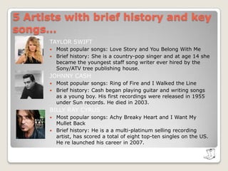 5 Artists with brief history and key songs…TAYLOR SWIFTMost popular songs: Love Story and You Belong With MeBrief history: She is a country-pop singer and at age 14 she became the youngest staff song writer ever hired by the Sony/ATV tree publishing house.JOHNNY CASHMost popular songs: Ring of Fire and I Walked the LineBrief history: Cash began playing guitar and writing songs as a young boy. His first recordings were released in 1955 under Sun records. He died in 2003.BILLY RAY CYRUSMost popular songs: Achy Breaky Heart and I Want My Mullet Back Brief history: He is a a multi-platinum selling recording artist, has scored a total of eight top-ten singles on the US. He re launched his career in 2007.