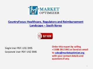 CountryFocus: Healthcare, Regulatory and Reimbursement
Landscape – South Korea
Single User PDF: US$ 1995
Corporate User PDF: US$ 5985
Order this report by calling
+1 888 391 5441 or Send an email
to sales@marketoptimizer.org
with your contact details and
questions if any.
1
 