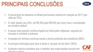 PRINCIPAIS CONCLUSÕES
 O percentual de doadores no Brasil permanece estável em relação ao 2017 (por
volta de 70%)
 O val...