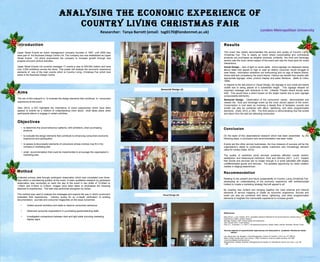 analysing the eCOnOMiC eXPerienCe OF 
COuntry living ChristMas Fair 
Researcher: Tanya Barrett (email: tag0170@londonmet.ac.uk) 
Introduction 
Upper Street Events an event management company founded in 1987, until 2009 they 
were part of the Business Design Centre Ltd. The company are now established as Upper 
Street Events Ltd which empowered the company to increase growth through new 
projects and joint venture activities. 
Upper Street Events Ltd currently manages 17 events a year to 400,000 visitors and have 
over 3,500 exhibitors across the show. This poster will analyse the economic experience 
elements of one of the main events which is Country Living: Christmas Fair which took 
place in the Business Design Centre. 
Method 
Collected primary data through participant observation which was completed over three-days 
within a volunteering position at the event. A basic qualitative research by participant 
observation was conducted on each the day of the event in two shifts of 10.00am to 
1.00pm and 9.30am to 5.00pm. Images have been taken to emphasise the meaning 
attached to experiences. This task was performed alongside my duties. 
This method was used to analyse the messages and explore the way in which consumers 
evaluated their experiences. Literacy review for an in-depth verification of existing 
documentation, journals and consumer magazines on the issue concerned. 
• Visited several exhibitors and stalls to observe consumers behaviour 
• Observed consumer expectations in purchasing goods/selecting stalls 
• Investigated comparisons between dark and light stalls including marketing 
display signs 
Key Image 3 
Key Image 2 
Results 
London Metropolitan University 
This event has clearly demonstrated the service and quality of Country Living: 
Christmas Fair. This is clearly an event where consumables and commercial 
products are purchased as tangible products; evidently the food and beverage 
section was the most vibrant aspect of the event and was the focal point for social 
interactions. 
Visual Design – lack of light on some stalls; brand signage not displayed clearly 
above stalls and placed to high to read an elderly consumer would struggle to 
read these.; information exhibitors not forthcoming and no sign of festive theme. 
Some stall lack consistency the event theme. Visitors can benefit from booths with 
appropriate signage, video, product display and sales literature. (Bello & Lotha, 
1998) 
In regards to the last picture in Visual Design, the signage is very small and barely 
visible due to being placed at a substantial height. This signage relayed an 
important message with directions to the Lifestyle Theatre where shows were 
held. This would have a direct impact on the target market due to poor signage 
(unsuccessful elements). 
Sensorial Design - Observation of the consumers’ clearly demonstrated and 
viewed the food and beverage event as the most vibrant aspect of the event. 
Consumption is now seen as involving a steady flow of fantasies; sounds and 
smells can also be combined with décor, lightening, and other programmable 
elements. (Getz, 2012, p.196). The third picture is demonstrating how the smells 
and décor from the stall are attracting consumers. 
Conclusion 
On the basis of this observational research which has been assembled by the 
following steps, a conclusion and recommendation has been made. 
Events are like other service businesses, the true measure of success will be the 
organisation’s ability to continually satisfy customers who increasingly demand 
value for money (Getz, 2012). 
The quality of exhibition [and] services positively affected overall visitors’ 
satisfaction and behavioural intentions. Pine and Gilmore (2011, p.41) imparts 
that Goods and services are no longer enough in a world saturated with largely 
undifferentiated goods and services. The greatest opportunity for value creation 
resides in staging experiences. 
Recommendation 
Relating to the present and future sustainability of Country Living Christmas Fair, 
developing an understanding of the economy experience with exhibitors/stall 
holders to create a marketing strategy that will appeal to all. 
By creating new content and bringing together the main external and internal 
elements of service mapping to create an economic experience. Sounds and 
smell can also be combined with décor, lightening, and other programmable 
elements to heighten the memorable experience to increase growth . 
References: 
Berg, Bruce L. Lune, Howard. 2013., Qualitative Research Methods for the Social Sciences: Pearson New 
International Edition. [online]. Pearson. 
Berridge, Graham. 2007, Events Design and Experience. 
Getz, Donald. 2012., Event Studies 
Pine, B. J., & Gilmore, J. H. (2011). The experience economy. Boston, Mass, Harvard Business Review Press 
Various aspects of experimental experiences are discussed in academic literatures listed 
below:- 
Lee, Myong Jae; Lee, Sanggun, Event Management, Volume 18, Number 3, 2014, pp. 377-386(10) 
Martin O’Neill, Donald Getz, Jack Carlsen, (1999) "Evaluation of service quality at events: the 1998 
Coca ‐Cola Masters Surfing event at 
Margaret River, Western Australia", Managing Service Quality: An International Journal, Vol. 9 Iss: 3, pp.158 
– 166 
Key Image 2 
Aims 
The aim of this research is to evaluate the design elements that contribute to consumers 
experience at the event. 
Getz (2012, p.197) highlights the importance of event experiences which have been 
applied to events as a method of understanding more about what takes place when 
participants attend or engage in certain activities. 
Objectives 
• to determine the social behaviour patterns, with exhibitors, when purchasing 
products 
• to evaluate the design elements that contribute to enhancing consumers economic 
experience and participation 
• to assess [un]successful elements of consumers whose motives may fit in the 
company’s marketing plan 
• small recommendation that could be implemented to encourage the organisation’s 
marketing plan. 
