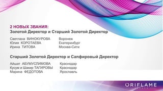 2 НОВЫХ ЗВАНИЯ:
Золотой Директор и Старший Золотой Директор
Светлана ВИНОКУРОВА Воронеж
Юлия КОРОТАЕВА Екатеринбург
Ирина ТИТОВА Москва-Сити
Старший Золотой Директор и Сапфировый Директор
Айшат АБУМУСЛИМОВА Краснодар
Кусум и Шакир ТАГИРОВЫ Краснодар
Марина ФЕДОТОВА Ярославль
 