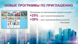 НОВЫЕ ПРОГРАММЫ ПО ПРИГЛАШЕНИЮ
Программы по приглашению каждый каталог!
+25% – рост количества рекрутов
+30% – рост количества Консультантов
спонсоров
 