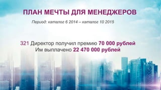 ПЛАН МЕЧТЫ ДЛЯ МЕНЕДЖЕРОВ
Период: каталог 6 2014 – каталог 10 2015
321 Директор получил премию 70 000 рублей
Им выплачено 22 470 000 рублей
 