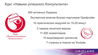 Курс «Навыки успешного Консультанта»
400 активных Лидеров
10 практических модулей по 15-20 минут
3 тиража печатной версии
11.000 экземпляров
Экспертное мнение бизнес-партнеров Орифлэйм
10 видеоверсий тренингов
7 страниц в поиске на Youtube
 