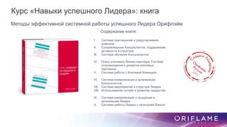 I. Система приглашения и рекрутирования
новичков
II. Сопровождение Консультантов, поддержание
активности в структуре
III. Система обучения Консультантов
IV. Поиск ключевого бизнес-партнера. Система
сопровождения и развития ключевых
партнеров.
V. Система работы с Ключевой Командой.
VI. Система коммуникации в организации
Консультантов
VII. Система мероприятий в структуре Лидера
VIII. Использование онлайн в развитии лидерства
IX. Система коммуникации о продукции в
организации Лидера
X. Система работы Лидера с категорией Вэлнэс
Содержание книги:
Курс «Навыки успешного Лидера»: книга
Методы эффективной системной работы успешного Лидера Орифлэйм
 