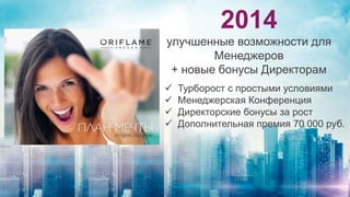2014
улучшенные возможности для
Менеджеров
+ новые бонусы Директорам
 Турборост с простыми условиями
 Менеджерская Конференция
 Директорские бонусы за рост
 Дополнительная премия 70 000 руб.
 